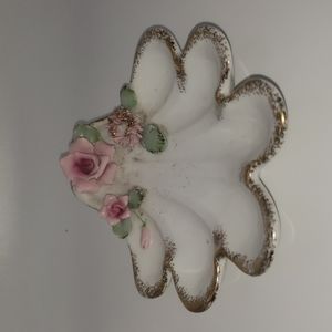 Vintage Lefton Shell Trinket Dish Pink Applied Roses